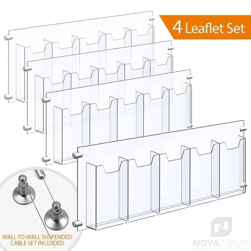 Wall-to-Wall Cable Suspended 1/8″ Clear Acrylic Literature Holder (with 1/4″ Base) – Five Pocket / 4 PCS SET