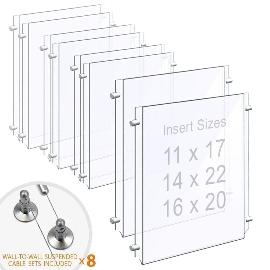 Wall-to-Wall Cable Suspended 1/8″ Clear Acrylic Poster Holder / Portrait Format – Double Pocket